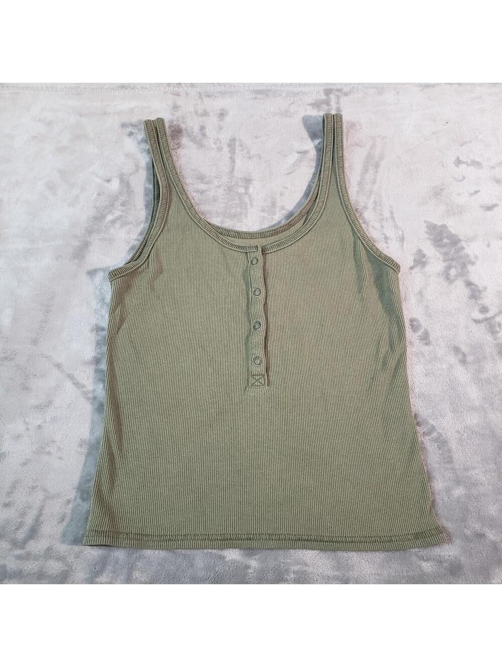 Abercrombie & Fitch Ribbed Knit Henley Tank Top Green Scoop Neck Size S